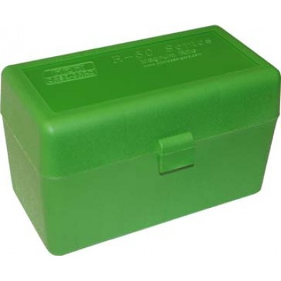 Коробка MTM RLLD-50 на 50 патроновкал. 6,5x284 Norma; 7mm Rem Mag; 300 Win Mag; 300 Wby Mag; 300 RUM; 8x57 JRS; 8x68 S; 338 Win Mag; 9,3x74 R; 375 H&H Mag и 416 Rem Mag. Цвет – зеленый.