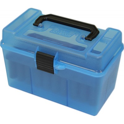Коробка MTM H50-XL на 50 патронов кал. 300 WSM; 300 RUM; 338 Lapua Mag и 9,3x62. Цвет – голубой.